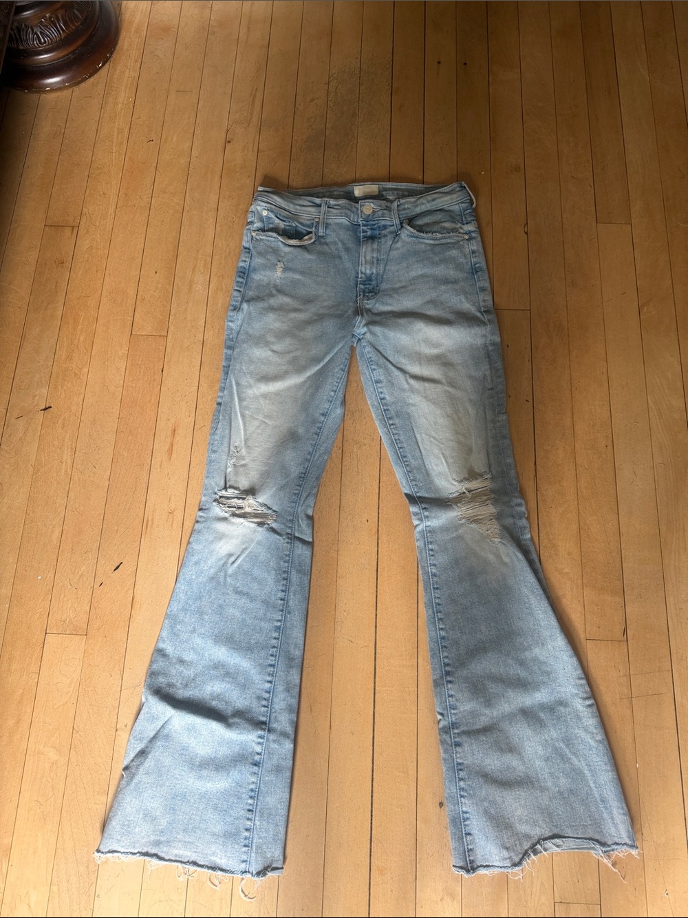 MOTHER Light Blue Flared Distressed Jeans